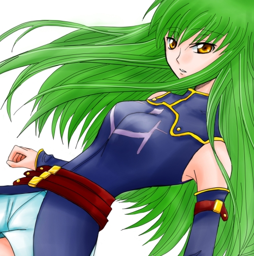 c.c., code geass, eyebrows, 00s, 1girl, armlet, armpits, bare shoulders, brown hair, detached sleeves, expressionless, female focus, green hair, jewelry, long hair, long sleeves, looking at viewer, robe, shorts, simple background, skin tight, solo, very long hair, white background, yellow eyes
