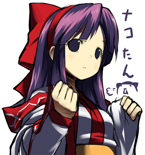 shiratama dango, nakoruru, samurai spirits, traditional clothes, bad id, bad pixiv id, 1girl, bow, female focus, hair ribbon, purple hair, red bow, ribbon, solo