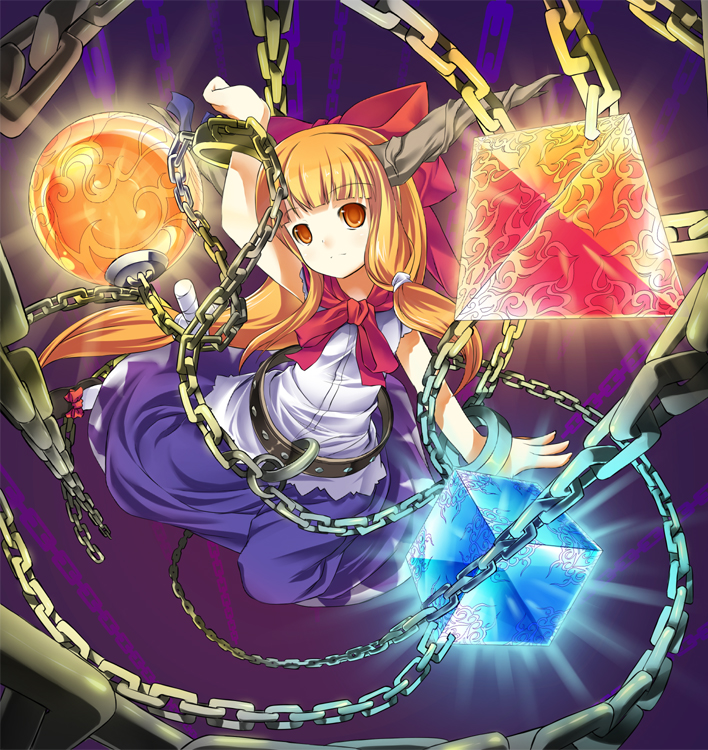 shiratama dango, ibuki suika, touhou, bad id, bad pixiv id, 1girl, :d, bow, chain, female focus, hair bow, horns, large bow, long hair, open mouth, orange eyes, orange hair, smile, solo