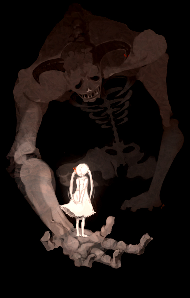 oddodd, original, 1girl, monster, skeleton, solo focus, twintails, white hair