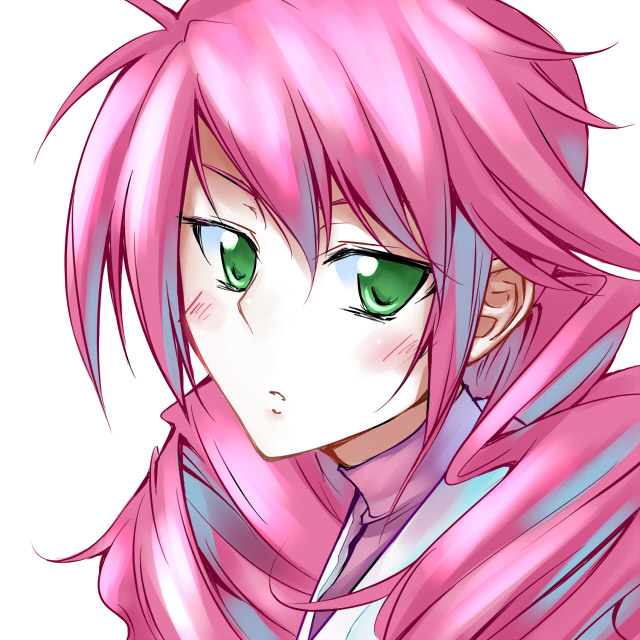 ihara natsume, feldt grace, gundam, gundam 00, 00s, 1girl, blush, close-up, drill hair, female focus, green eyes, looking at viewer, parted lips, pink hair, simple background, solo, twintails, white background