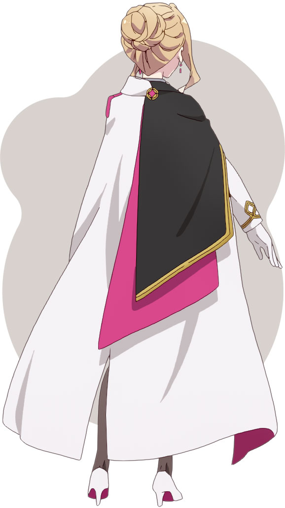fuzichoco, prima doll (anime), official art, 1girl, anime coloring, black pantyhose, blonde hair, braid, braided bun, cloak, curtained hair, from behind, full body, gloves, grey background, hair bun, high heels, jacket, okunomiya otome, outstretched arm, pantyhose, shoes, solo, standing, two-tone background, white background, white gloves, white jacket, white shoes