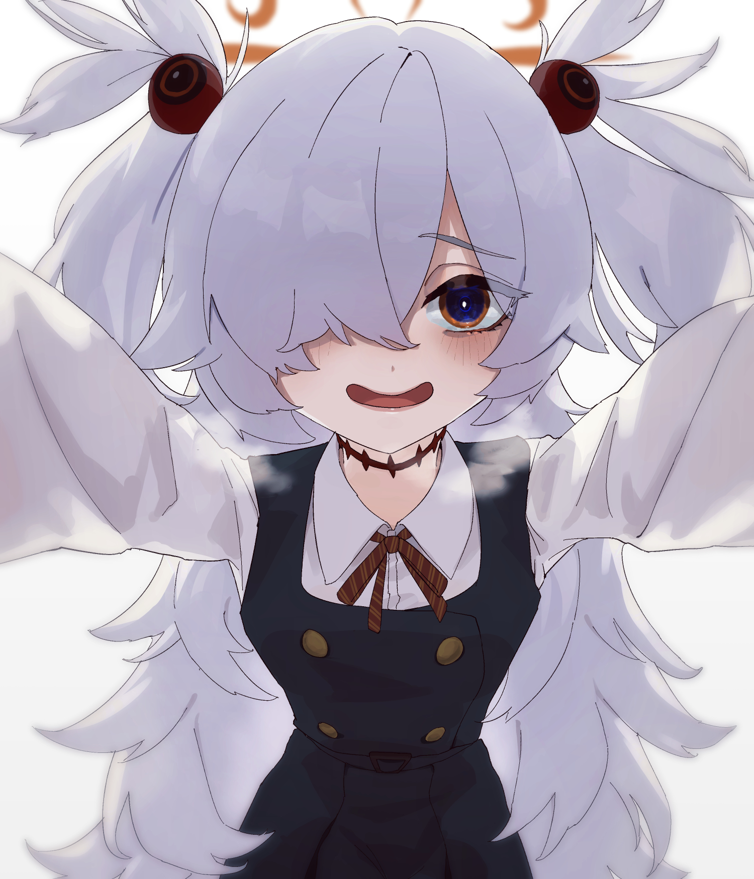 y4mori gekko, kanoe (blue archive), blue archive, highres, 1girl, black dress, collared shirt, dress, grey hair, hair over one eye, halo, long hair, long sleeves, looking at viewer, pinafore dress, pov, ribbon, shirt, sleeveless, sleeveless dress, solo, two side up, white background, white shirt