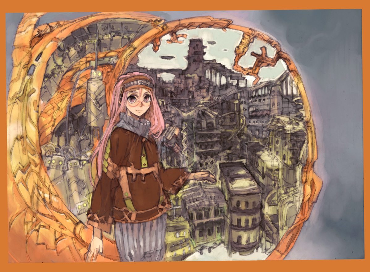 humi, toi8, original, 1girl, border, c73, city, cityscape, cover, cover page, female focus, flat chest, glasses, hairband, humanoid robot, jacket, long hair, looking at viewer, outdoors, pink eyes, pink hair, red-framed eyewear, robot, sketch, sky, smile, solo, standing, turtleneck, yellow eyes