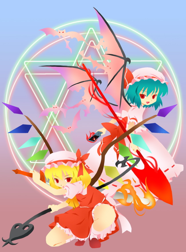 michii yuuki, flandre scarlet, remilia scarlet, touhou, 2girls, bat (animal), bat wings, female focus, gradient background, hat, laevatein, multiple girls, polearm, siblings, sisters, skirt, spear, spear the gungnir, weapon, wings
