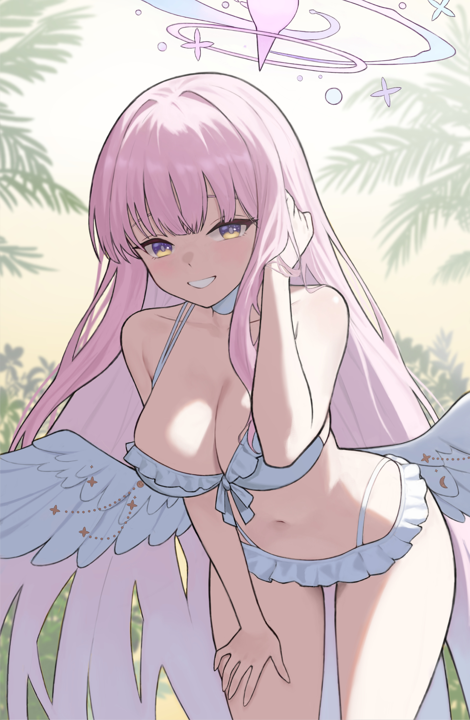potatoy, mika (blue archive), mika (swimsuit) (blue archive), blue archive, absurdres, commentary request, highres, 1girl, blue halo, breasts, gradient halo, halo, large breasts, long hair, looking at viewer, low wings, multicolored halo, navel, official alternate costume, pink hair, pink halo, smile, solo, swimsuit, very long hair, white wings, wings, yellow eyes