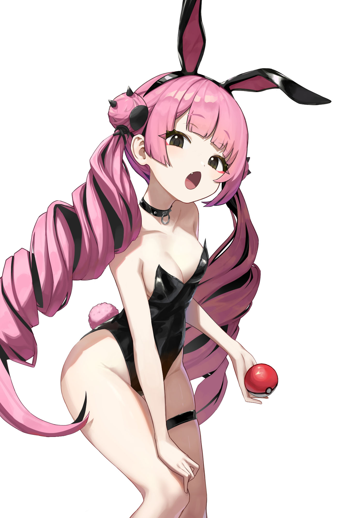 jinra124417, coral (pokemon), nintendo, pokemon, pokemon (anime), pokemon horizons, commentary request, highres, korean commentary, 1girl, :o, alternate costume, alternate hairstyle, animal ears, black choker, black hairband, black leotard, breasts, choker, collarbone, fake animal ears, hairband, hand on own thigh, holding, holding poke ball, leotard, looking at viewer, open mouth, pink hair, playboy bunny, poke ball, poke ball (basic), rabbit ears, rabbit tail, simple background, solo, tail, thigh strap, tongue, twintails, white background