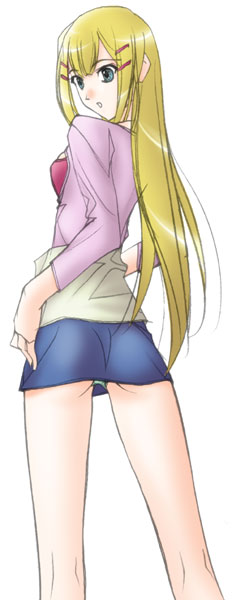 soyosoyo, louise halevy, gundam, gundam 00, 00s, 1girl, aqua eyes, ass, blue hair, blue skirt, blush, female focus, from above, hair ornament, hairclip, long hair, long sleeves, miniskirt, panties, pantyshot, skirt, solo, standing, sweater, underwear, very long hair, white panties