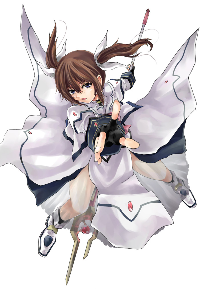 raid slash, raising heart, raising heart (buster mode), takamachi nanoha, lyrical nanoha, mahou shoujo lyrical nanoha, mahou shoujo lyrical nanoha a's, uniform, 00s, 1girl, black gloves, brown eyes, brown hair, capelet, dress, female focus, fingerless gloves, gloves, long sleeves, looking at viewer, magazine (weapon), magical girl, outstretched arm, outstretched hand, purple eyes, reaching, reaching towards viewer, red hair, simple background, solo, twintails, waist cape, white background, white dress