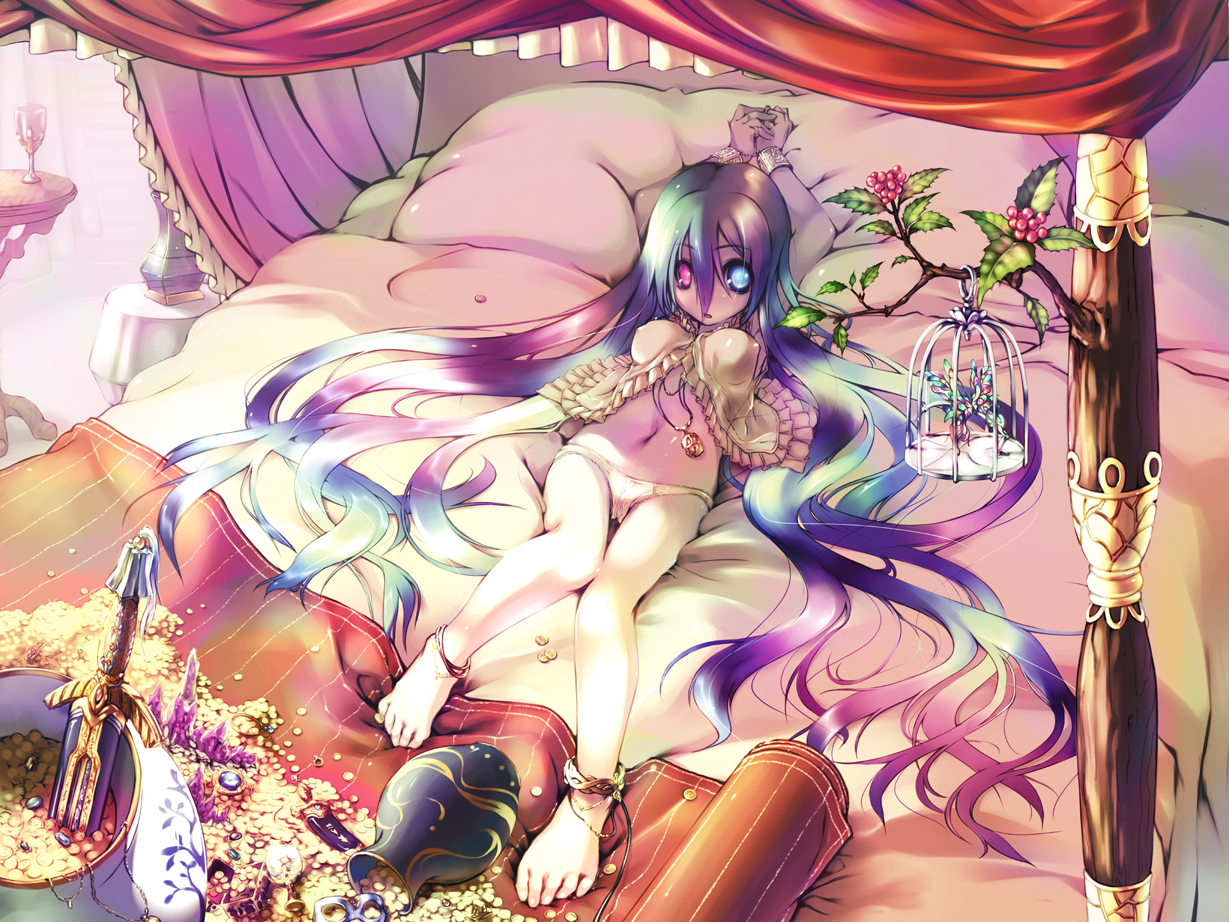 midori no ruupe, original, 1girl, anklet, barefoot, bed, cage, feet, female focus, gold, heterochromia, jewelry, long hair, lying, multicolored hair, necklace, panties, solo, sword, treasure, underwear, very long hair, weapon