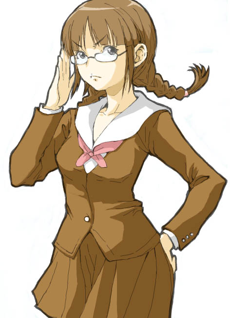 akizuki ritsuko, idolmaster, idolmaster (classic), idolmaster 1, artist request, 00s, 1girl, adjusting eyewear, braid, brown eyes, brown hair, female focus, frown, glasses, grey eyes, school uniform, serafuku, short twintails, simple background, single braid, solo, twin braids, twintails
