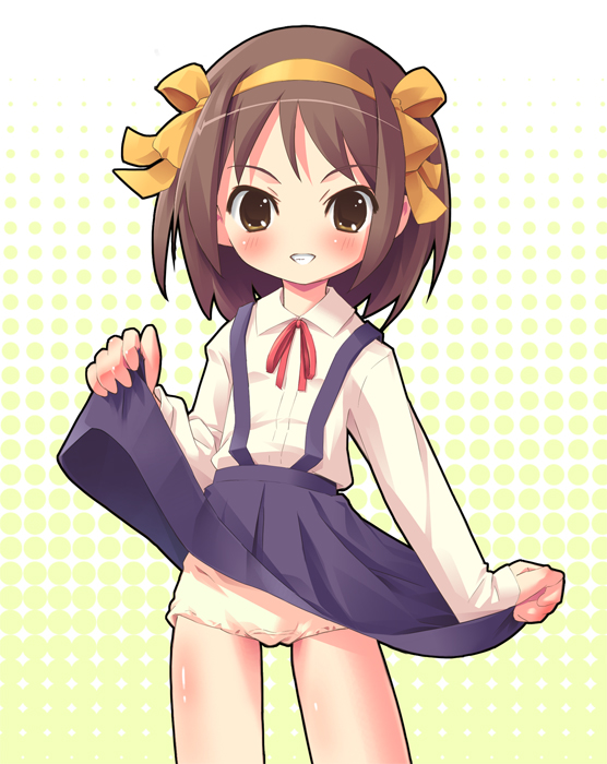 pu-en, suzumiya haruhi, suzumiya haruhi (young), suzumiya haruhi no yuuutsu, 00s, aged down, blush, clothes lift, loli, panties, skirt, skirt lift, solo, underwear