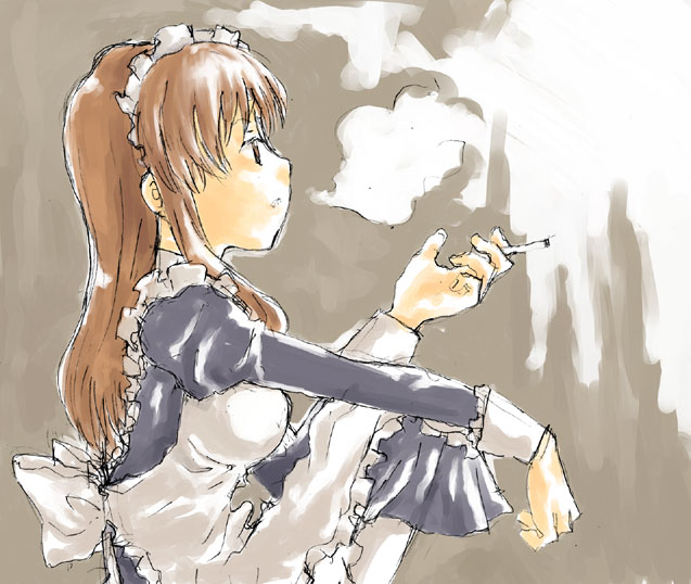 yamamoto shima, asahina mikuru, suzumiya haruhi no yuuutsu, 00s, cigarette, maid, shibahime kyou, smoking, solo