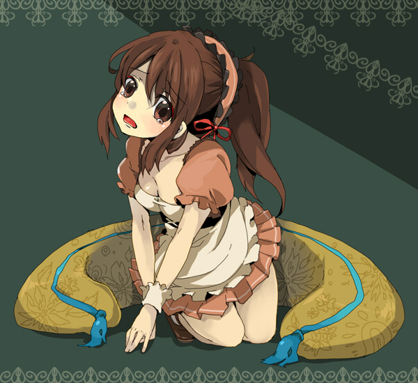 loo, asahina mikuru, suzumiya haruhi no yuuutsu, 00s, 1girl, blush, breasts, brown hair, cleavage, corset, female focus, long hair, official alternate hairstyle, ribbon, skirt, solo, waitress