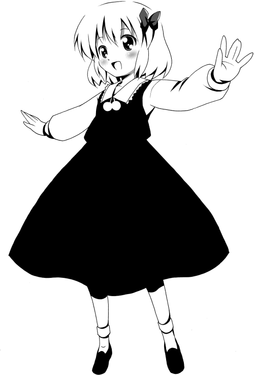 michii yuuki, rumia, embodiment of scarlet devil, touhou, 1girl, female focus, greyscale, hair ribbon, monochrome, necktie, outstretched arms, ribbon, short hair, simple background, solo, spread arms, white background
