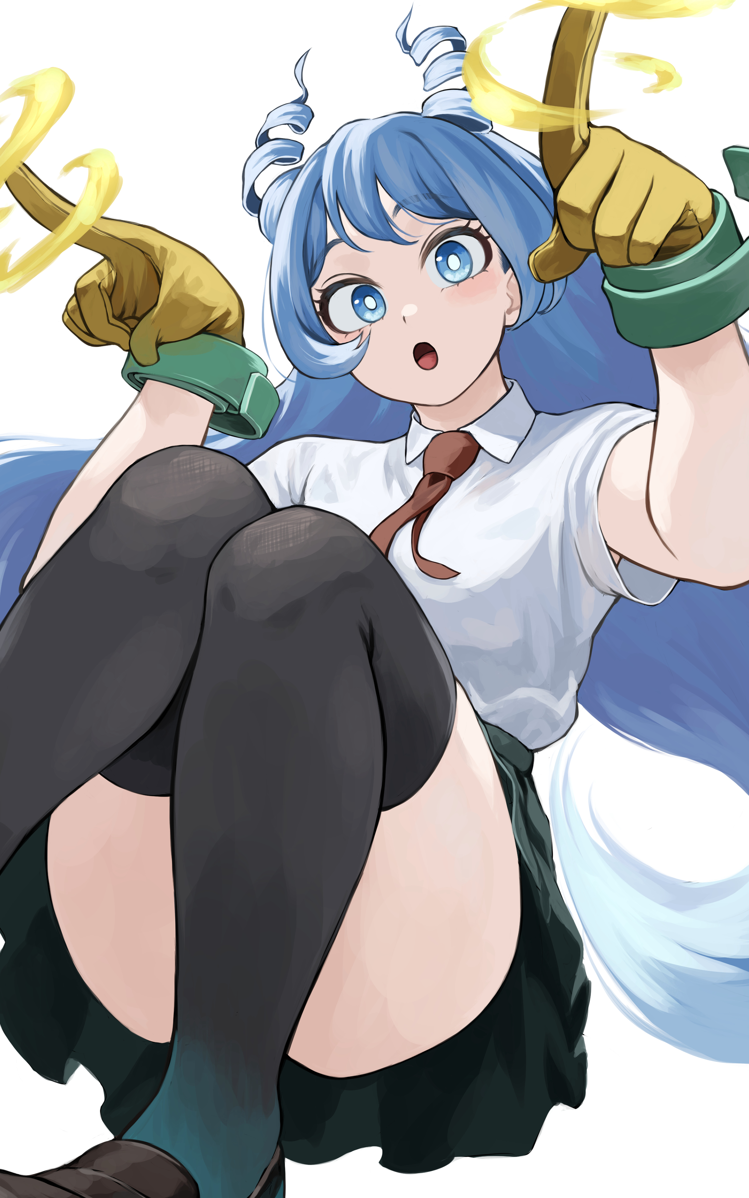 fengling (furin-jp), hado nejire, boku no hero academia, absurdres, highres, 1girl, black skirt, black thighhighs, blue eyes, blue hair, collared shirt, drill hair, energy, gloves, hair horns, knees up, long hair, looking at viewer, necktie, open mouth, red necktie, school uniform, shirt, short sleeves, skirt, solo, thighhighs, twin drills, u.a. school uniform, white shirt, yellow gloves