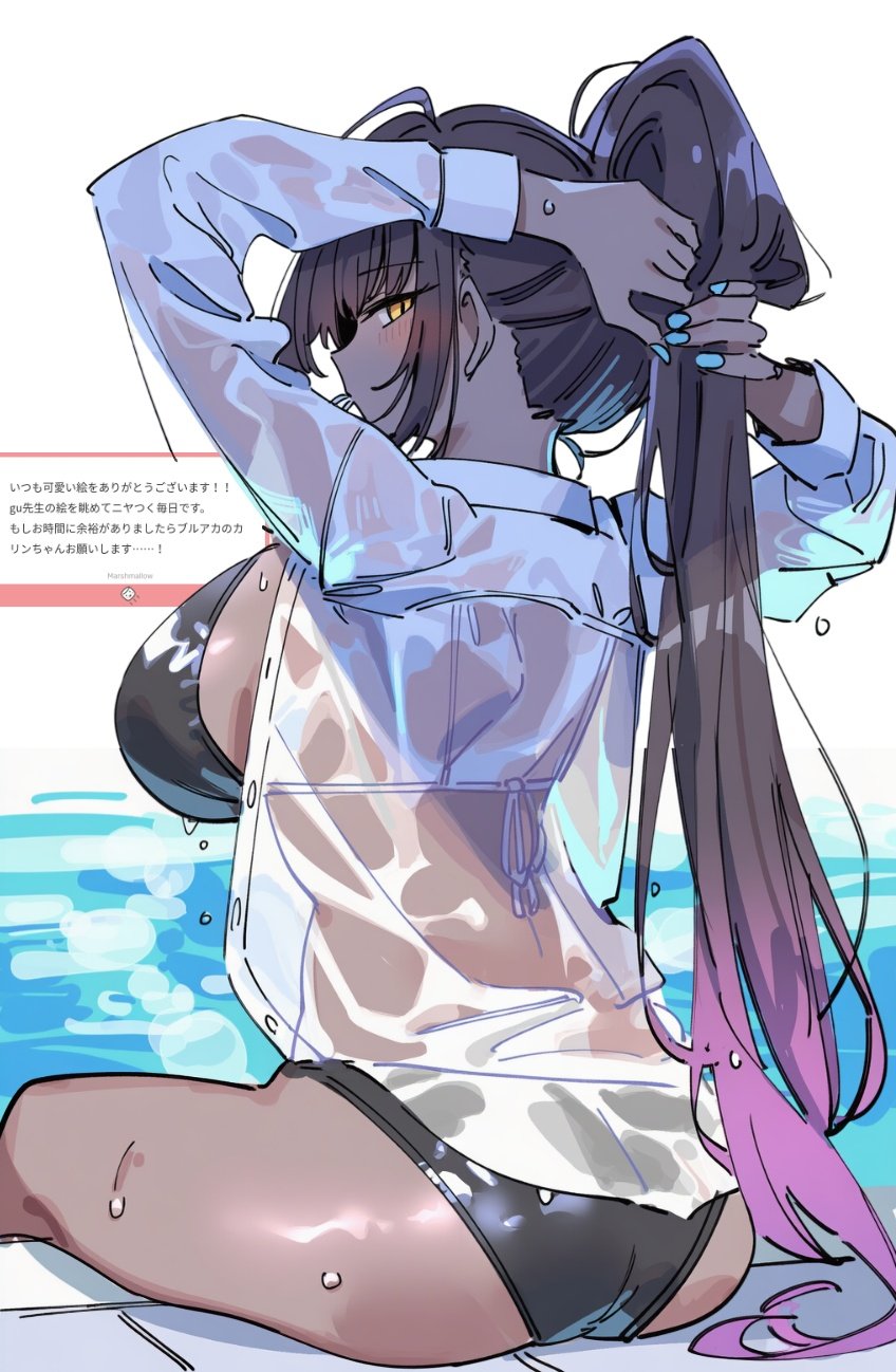 karin (blue archive), blue archive, highres, am 0410, ass, bikini, black bikini, black hair, blue nails, breasts, dark-skinned female, dark skin, halo, large breasts, long hair, looking back, nail polish, ponytail, pool, poolside, shirt, sitting, swimsuit, tying hair, wet, wet clothes, wet shirt, yellow eyes
