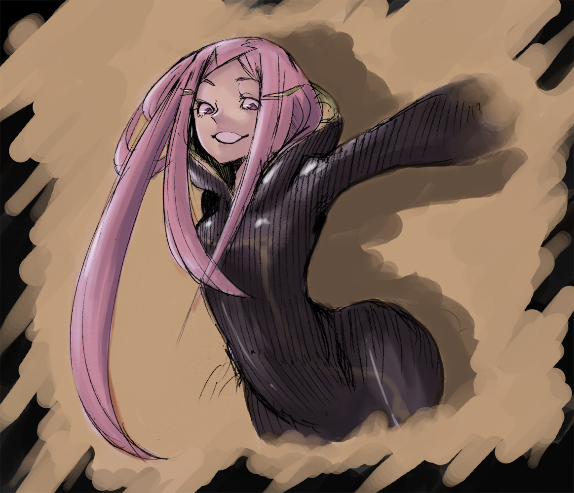 abara heiki, anemone (eureka seven), theend, eureka seven, eureka seven (series), bad id, bad pixiv id, 00s, 1girl, black bodysuit, bodysuit, female focus, grin, hair ornament, hairclip, pink hair, purple eyes, smile, solo