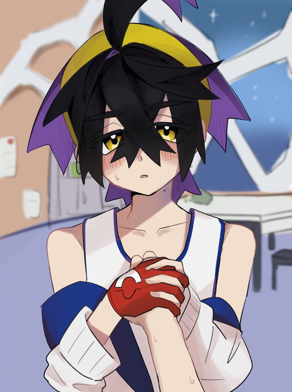 kieran (pokemon), nintendo, pokemon, pokemon sv, commentary request, highres, 1boy, 1other, black hair, blurry, blurry background, blush, collarbone, colored inner hair, comecouji o828, crossed bangs, gloves, hair between eyes, hairband, holding hands, indoors, jacket, looking at viewer, mole, mole on neck, multicolored hair, off shoulder, red gloves, shirt, single glove, sleeveless, sleeveless shirt, white jacket, white shirt, yellow eyes, yellow hairband