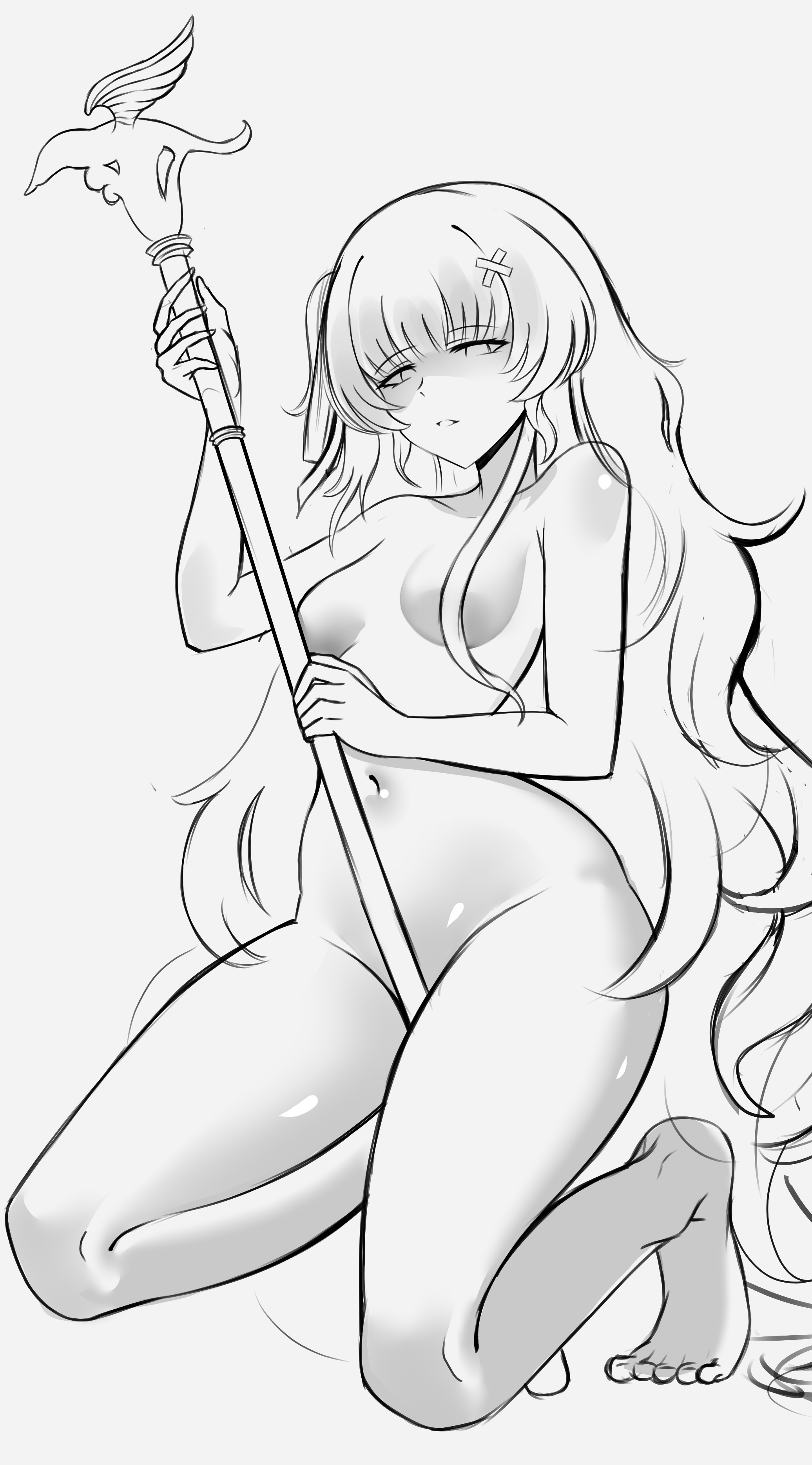 den kun69, phoebe (wuthering waves), wuthering waves, absurdres, commentary, english commentary, highres, 1girl, barefoot, breasts, completely nude, disgust, grey background, hair censor, hair ornament, holding, holding staff, long hair, looking at viewer, medium breasts, navel, nude, parted lips, partially shaded face, simple background, sketch, solo, squatting, staff, stomach, toes, very long hair, x hair ornament