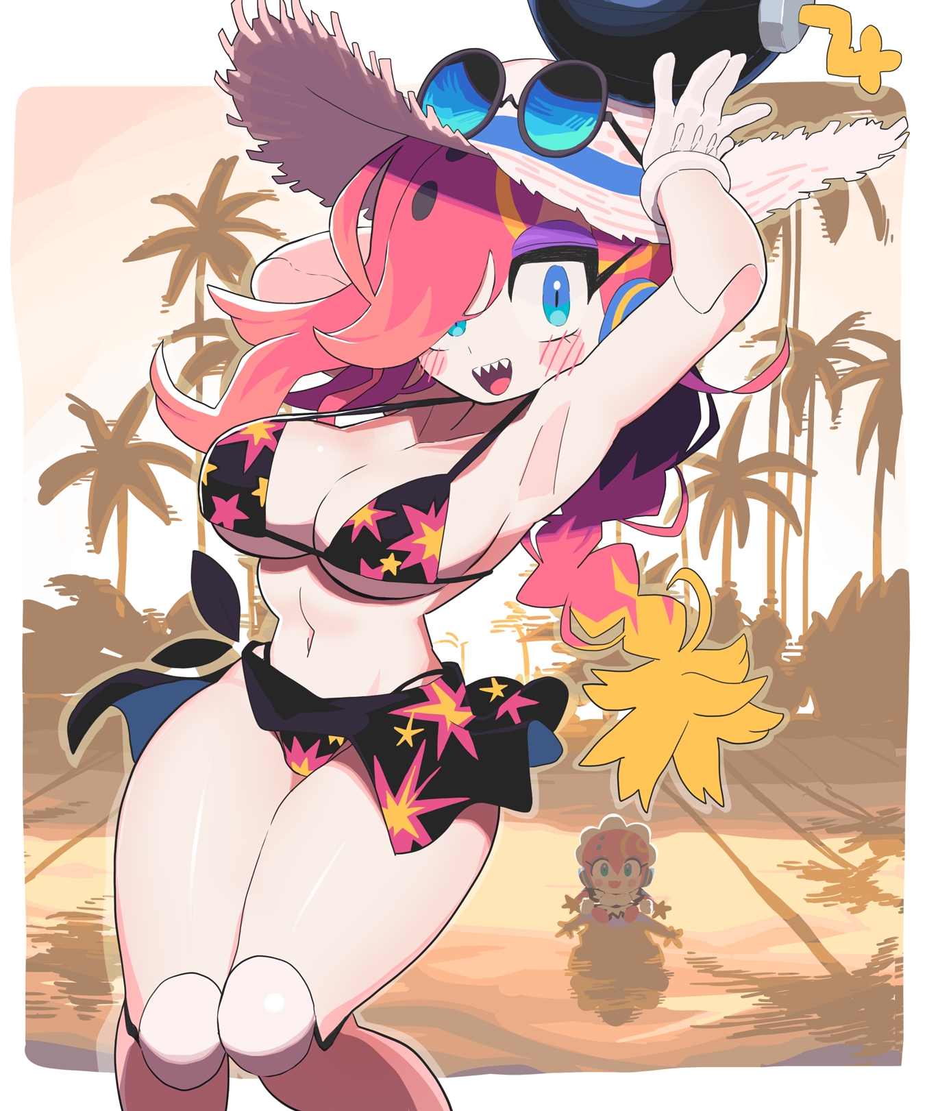 gashi-gashi, bommina, bommina the maidroid, commentary, highres, symbol-only commentary, arm up, armpits, bikini, blue eyes, bomb, border, breasts, cleavage, explosive, eyeshadow, gloves, hair over one eye, hat, holding, holding bomb, large breasts, looking at viewer, makeup, narrow waist, navel, open mouth, purple eyeshadow, sarong, sharp teeth, swimsuit, teeth, upper teeth only, white border, white gloves