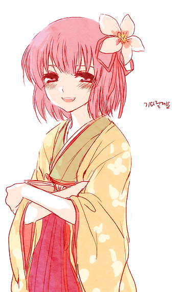 irua, hieda no akyuu, perfect memento in strict sense, touhou, 1girl, female focus, hair ornament, heida no akyuu, japanese clothes, purple eyes, purple hair, short hair, simple background, smile, solo, standing, white background