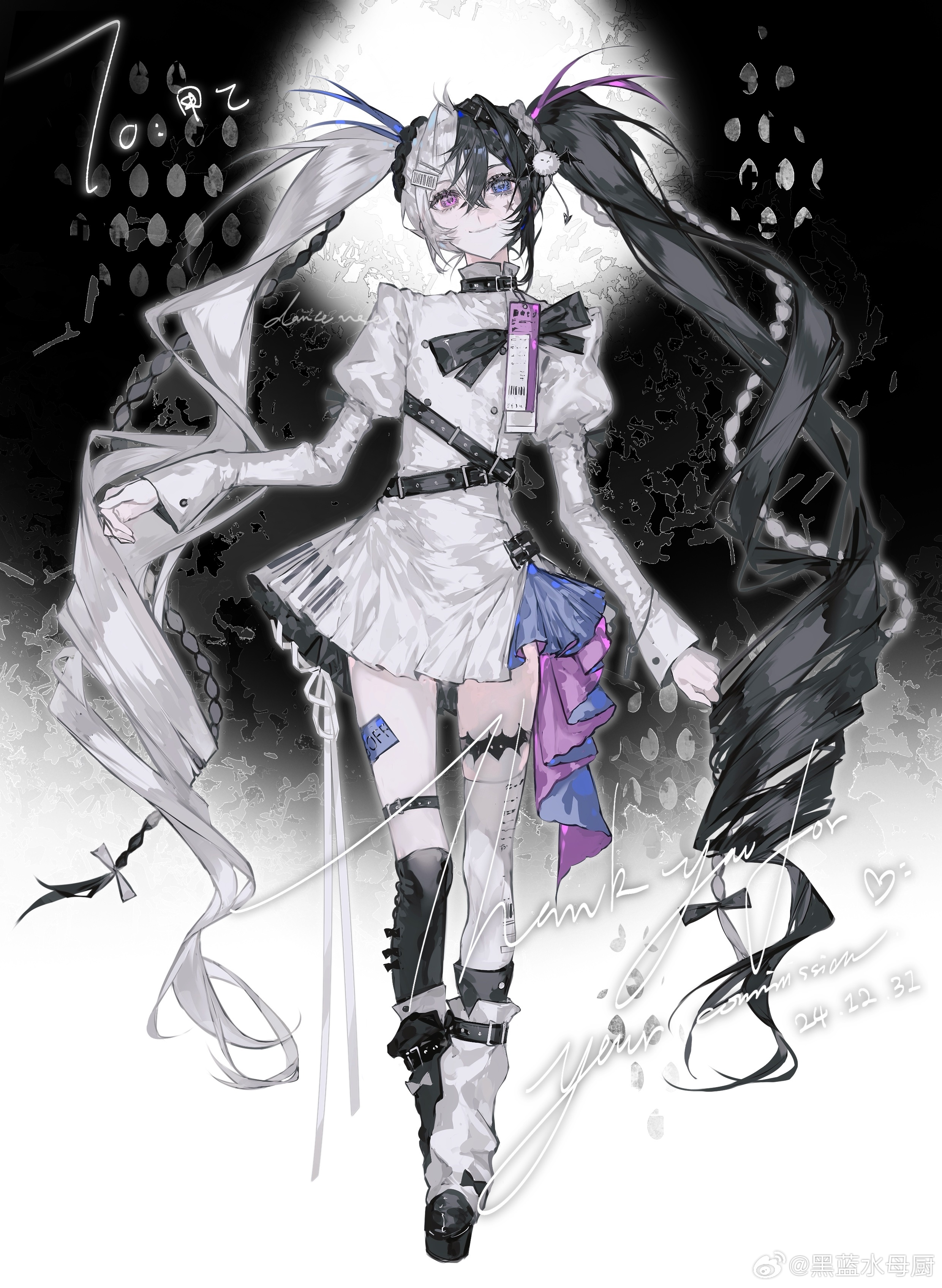 original, absurdres, highres, asymmetrical legwear, belt, black belt, black bow, black choker, black hair, blue eyes, boots, bow, buckle, choker, dress, drill hair, full body, hair between eyes, hair ornament, heilanshuimuchu, heterochromia, juliet sleeves, long hair, long sleeves, multicolored hair, pink eyes, platform boots, platform shoes, puffy sleeves, ribbon, sleeves past wrists, smile, split-color hair, standing, thighhighs, twin drills, twintails, two-tone hair, very long hair, white dress, white hair