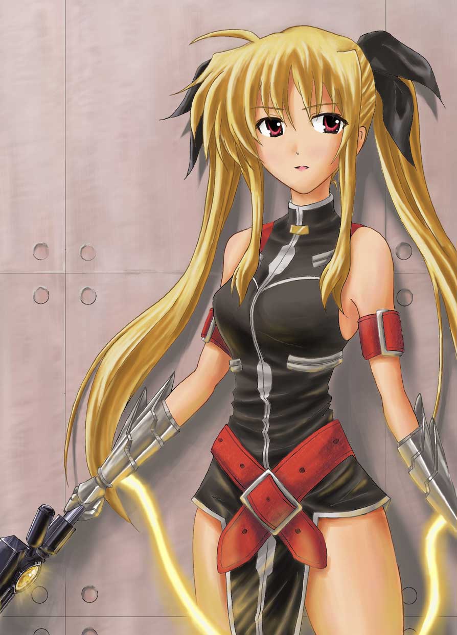 bardiche (nanoha), bardiche (riot zanber stinger) (nanoha), fate testarossa, fate testarossa (true sonic form), lyrical nanoha, mahou shoujo lyrical nanoha, mahou shoujo lyrical nanoha strikers, highres, 00s, 1girl, blonde hair, female focus, long hair, solo, twintails, very long hair