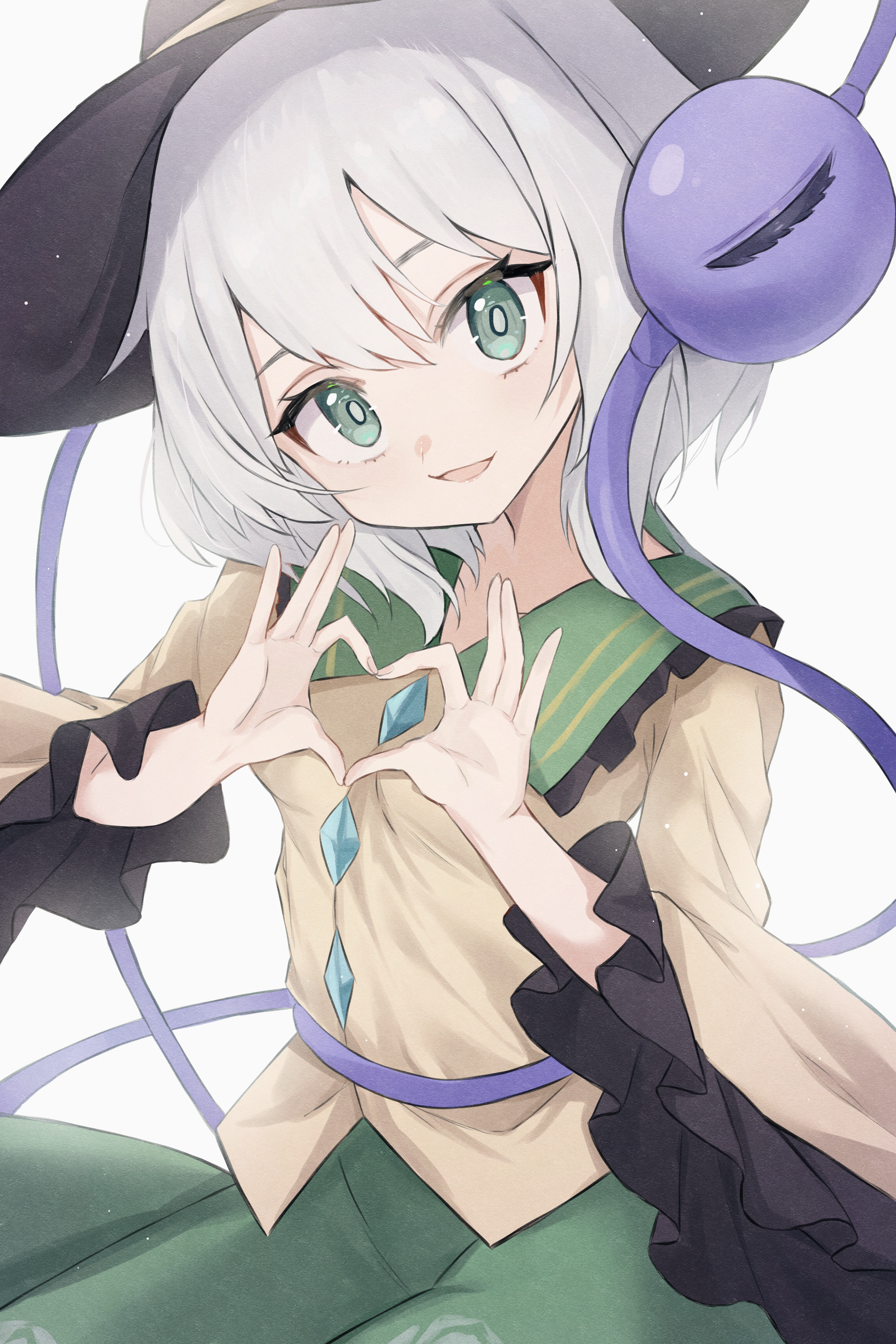 katsukare, komeiji koishi, touhou, absurdres, commentary request, highres, 1girl, black hat, frilled shirt collar, frilled sleeves, frills, green eyes, green skirt, hat, heart, heart hands, looking at viewer, parted lips, short hair, skirt, solo, third eye, white hair