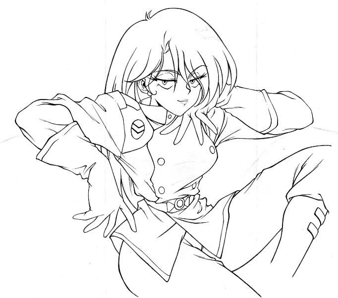 doppel (doppel palace), grandis granva, fushigi no umi no nadia, uniform, 1990s (style), 1girl, buttons, coat, double-breasted, earrings, female focus, from side, greyscale, hair between eyes, half-closed eyes, invisible chair, jewelry, lineart, long sleeves, looking at viewer, monochrome, narrow waist, pants, parted bangs, retro artstyle, simple background, sitting, smile, solo, spread legs, stud earrings, white background