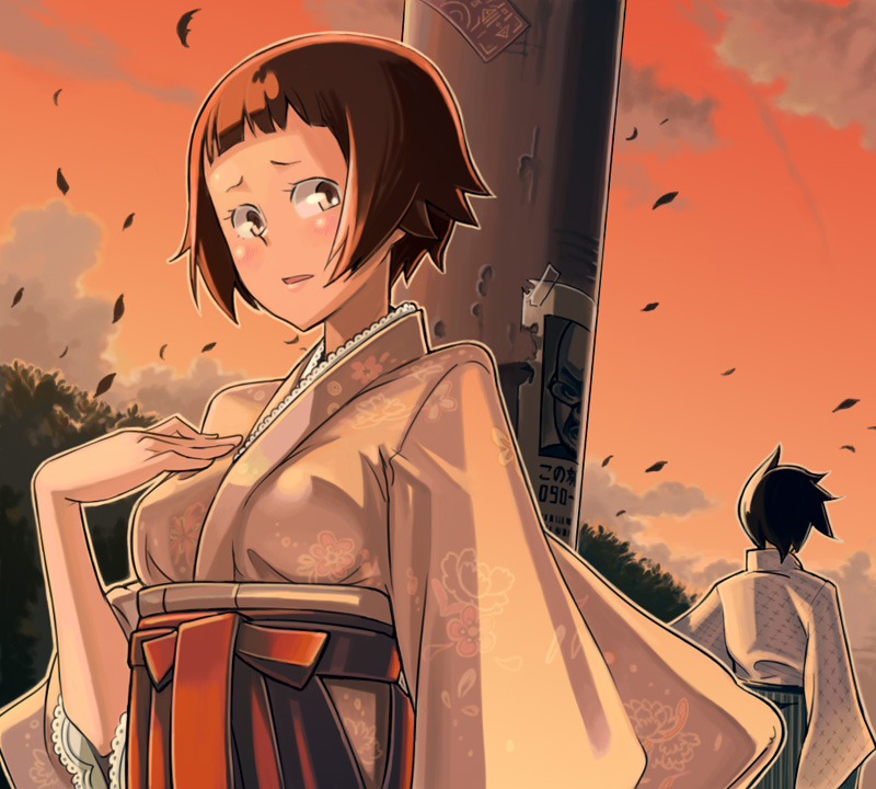 bowieknife, itoshiki nozomu, tsunetsuki matoi, sayonara zetsubou sensei, 00s, 1boy, 1girl, blush, hakama, hakama skirt, hiding, japanese clothes, kimono, leaf, meiji schoolgirl uniform, poster (object), red hakama, short hair, skirt, stalking