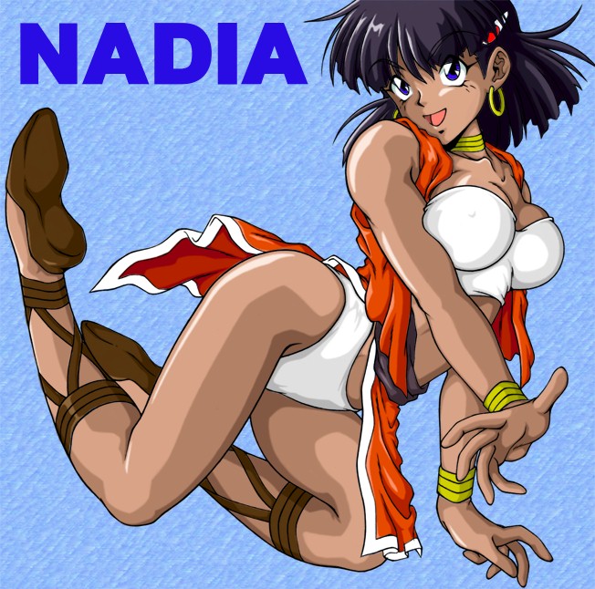 doppel (doppel palace), nadia la arwall, fushigi no umi no nadia, cross-laced footwear, 1990s (style), 1girl, bandeau, blue eyes, bracelet, breasts, covered erect nipples, earrings, female focus, jewelry, loincloth, neck ring, panties, pelvic curtain, purple hair, retro artstyle, sandals, short hair, solo, strapless, tube top, underwear, vest