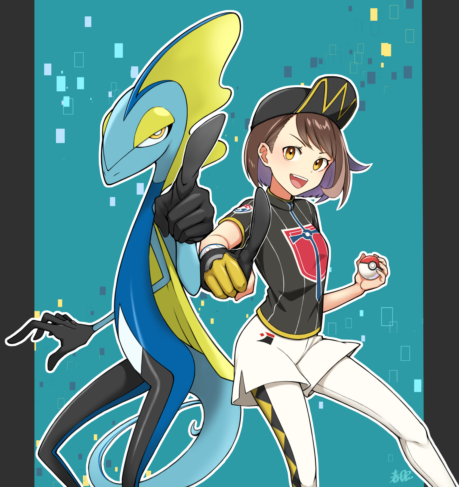 shunmin (haru min411), gloria (pokemon), inteleon, nintendo, pokemon, pokemon swsh, highres, 1girl, :d, black hat, brown eyes, brown hair, champion uniform, gen 8 pokemon, gloves, hat, holding, holding poke ball, looking at viewer, medium hair, open mouth, outline, pantyhose, pantyhose under shorts, partially fingerless gloves, pointing, poke ball, poke ball (basic), pokemon (creature), shirt, short sleeves, shorts, single glove, smile, teeth, tongue, upper teeth only, white pantyhose, white shorts