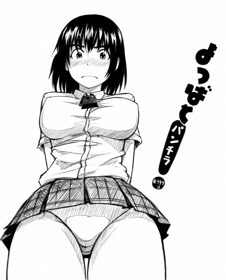 ina (gokihoihoi), ayase fuuka, yotsubato!, 1girl, blush, female focus, from below, greyscale, monochrome, panties, pantyshot, solo, thick eyebrows, underwear