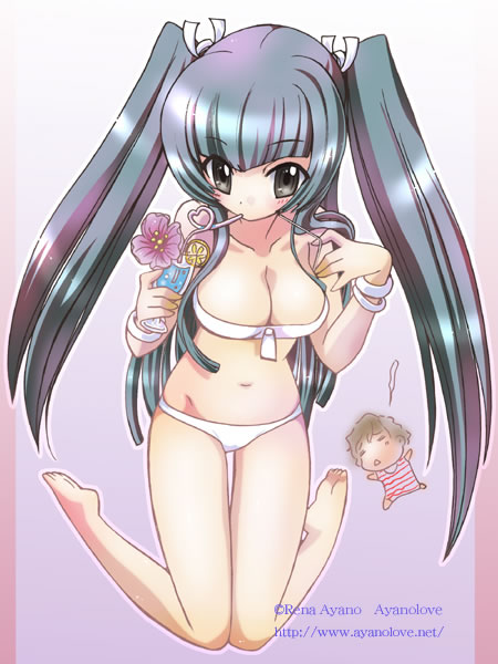 ayano rena, wang liu mei, gundam, gundam 00, 00s, 1girl, artist name, barefoot, bikini, blush, bracelet, breasts, cleavage, collarbone, cup, drinking, drinking glass, drinking straw, female focus, flower, food, fruit, heart, jewelry, large breasts, lemon, lemon slice, long hair, navel, solo, swimsuit, thigh gap, twintails, watermark, web address, white bikini