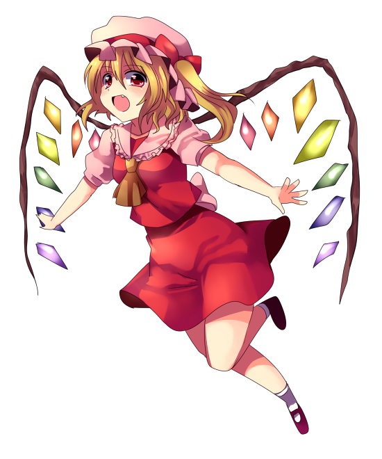 subaru (yachika), flandre scarlet, touhou, 1girl, :d, bobby socks, crystal, demon wings, dress, female focus, foreshortening, frills, full body, hat, mary janes, mob cap, open mouth, puffy short sleeves, puffy sleeves, red dress, red eyes, shoes, short sleeves, simple background, smile, socks, solo, white background, white socks, wings