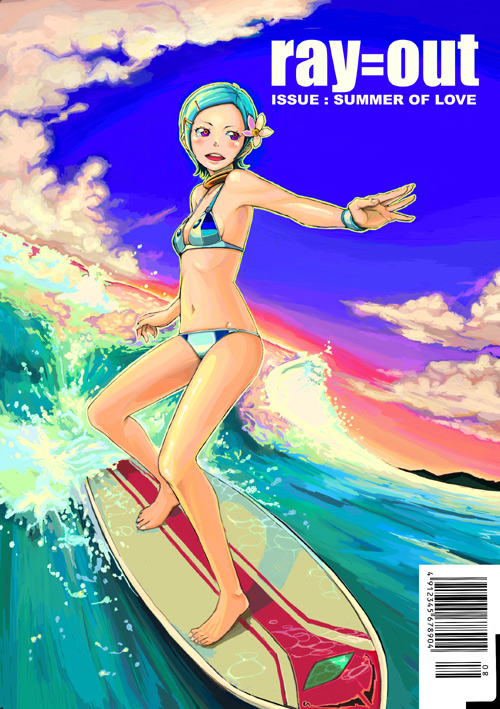 bowieknife, eureka (eureka seven), eureka seven, eureka seven (series), 00s, 1girl, aqua hair, barcode, bikini, blue hair, cloud, female focus, navel, ocean, purple eyes, ray=out, short hair, solo, surfboard, surfing, swimsuit, waves