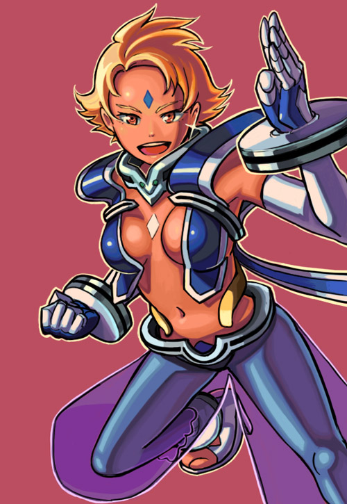 bowieknife, maya bryce, my-otome, 00s, 1girl, breasts, center opening, cleavage, clenched hand, earrings, elbow gloves, female focus, gloves, jewelry, looking at viewer, midriff, navel, open mouth, see-through clothes, smile, solo