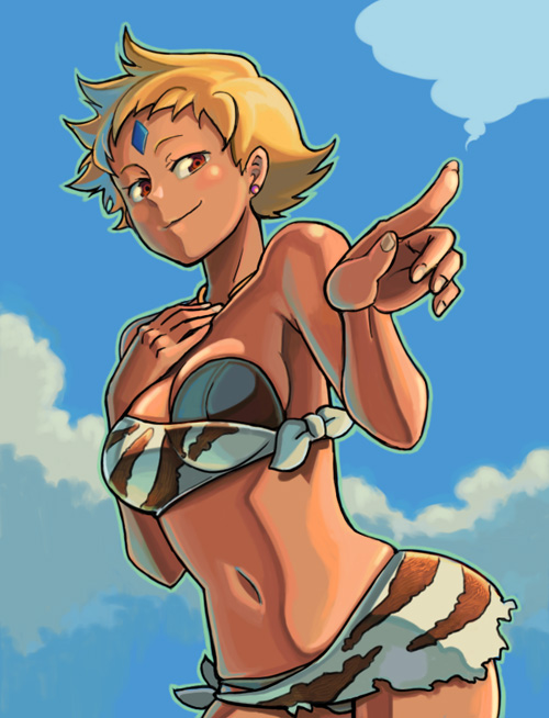 bowieknife, maya bryce, my-otome, 00s, 1girl, bandeau, bikini, blonde hair, cloud, day, earrings, female focus, fingernails, jewelry, long fingernails, looking at viewer, navel, pointing, red eyes, sarong, short hair, skindentation, sky, smile, solo, swimsuit