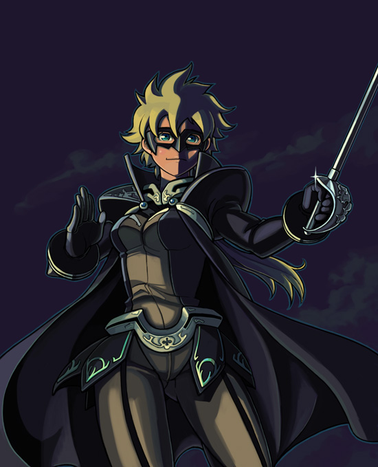bowieknife, sara gallagher, my-otome, 00s, 1girl, black bodysuit, blonde hair, bodysuit, breasts, cape, dark, domino mask, epee, female focus, green eyes, large breasts, mask, rapier, solo, sword, weapon