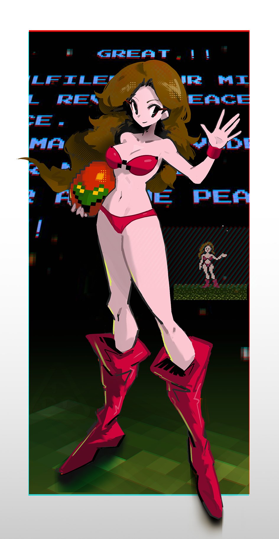 shakeeeeeeeee, samus aran, metroid, metroid (classic), nintendo, highres, 1girl, bikini, boots, brown eyes, brown hair, game screenshot inset, hand up, helmet, holding, holding unworn helmet, long hair, pixel art, red boots, solo, swimsuit, unworn headwear, unworn helmet