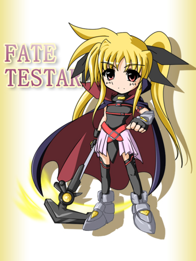 bardiche (haken form) (nanoha), bardiche (nanoha), fate testarossa, fate testarossa (lightning form), lyrical nanoha, mahou shoujo lyrical nanoha, mahou shoujo lyrical nanoha a's, mahou shoujo lyrical nanoha strikers, 00s, 1girl, blonde hair, chibi, female focus, solo, thighhighs