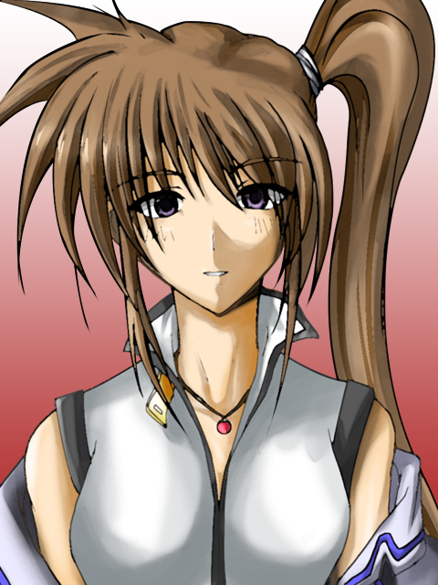raising heart, takamachi nanoha, lyrical nanoha, mahou shoujo lyrical nanoha, mahou shoujo lyrical nanoha strikers, 00s, 1girl, asymmetrical hair, breasts, brown eyes, brown hair, collarbone, detached sleeves, female focus, gem, jewelry, large breasts, long sleeves, looking at viewer, magical girl, necklace, partially undressed, pendant, purple eyes, red hair, side ponytail, solo