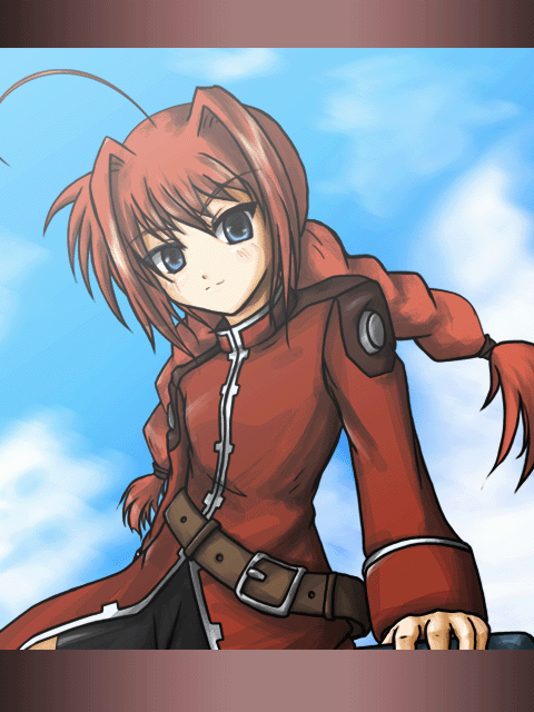 vita (nanoha), lyrical nanoha, mahou shoujo lyrical nanoha, mahou shoujo lyrical nanoha a's, mahou shoujo lyrical nanoha strikers, 00s, 1girl, ahoge, belt, blue eyes, blue sky, braid, buckle, day, dress, female focus, letterboxed, long hair, looking at viewer, red dress, red hair, sky, solo, twin braids, very long hair