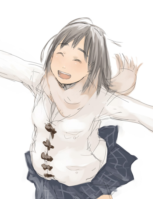 tamaru tokihiko, original, 1girl, :d, ^ ^, closed eyes, female focus, fringe trim, from above, grey hair, jacket, long sleeves, miniskirt, open mouth, outstretched arms, plaid clothes, plaid skirt, scarf, simple background, sketch, skirt, smile, solo, spread arms, white background