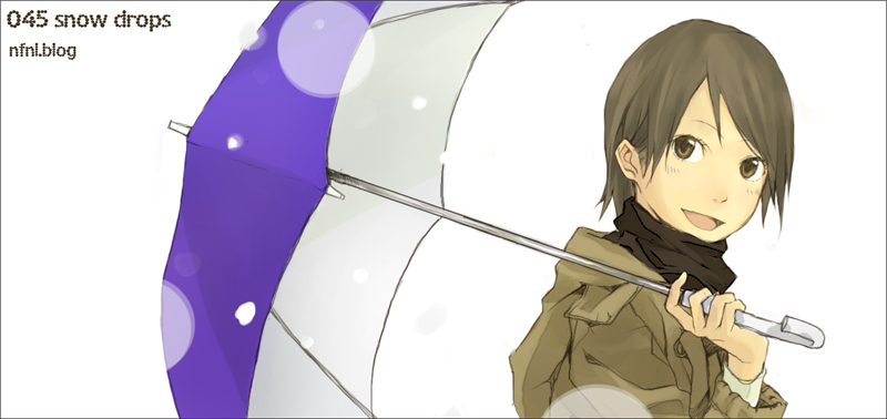 yoshito, original, 1girl, :d, androgynous, black scarf, brown eyes, brown hair, coat, english text, female focus, holding, holding umbrella, long sleeves, looking at viewer, open mouth, scarf, simple background, smile, solo, umbrella, upper body, white background
