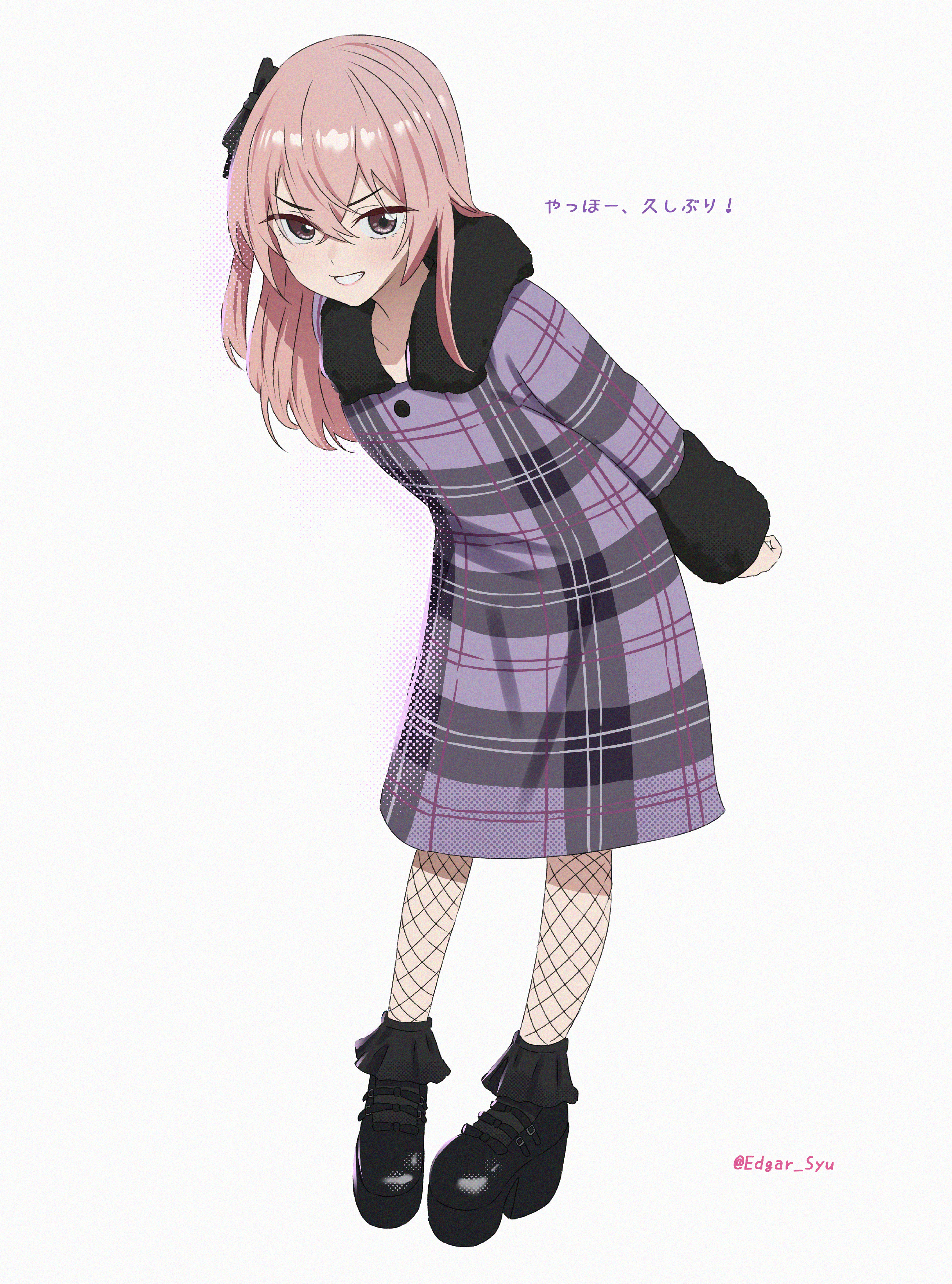 edgar syu, inui sajuna, sono bisque doll wa koi wo suru, absurdres, highres, 1girl, boots, brown eyes, coat, crossed bangs, fishnets, hair between eyes, leaning forward, long hair, parted lips, pink hair, platform boots, simple background, smile, solo, standing, white background