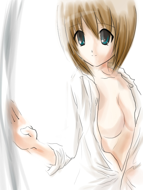wagashi (okashina), yagami hayate, lyrical nanoha, mahou shoujo lyrical nanoha, mahou shoujo lyrical nanoha a's, mahou shoujo lyrical nanoha strikers, 00s, 1girl, aqua eyes, brown hair, dress shirt, female focus, food, open clothes, open shirt, shirt, short hair, sleeves pushed up, smile, solo, wagashi, white shirt