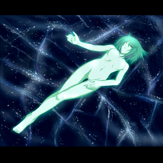 wagashi (okashina), yagami hayate, lyrical nanoha, mahou shoujo lyrical nanoha, mahou shoujo lyrical nanoha a's, mahou shoujo lyrical nanoha strikers, 00s, 1girl, aqua hair, aqua skirt, barefoot, breasts, closed eyes, collarbone, eyes visible through hair, female focus, floating, food, from above, full body, green hair, green theme, hair ornament, letterboxed, navel, no nipples, no pussy, nude, short hair, skirt, small breasts, solo, stomach, thigh gap, wagashi, x hair ornament