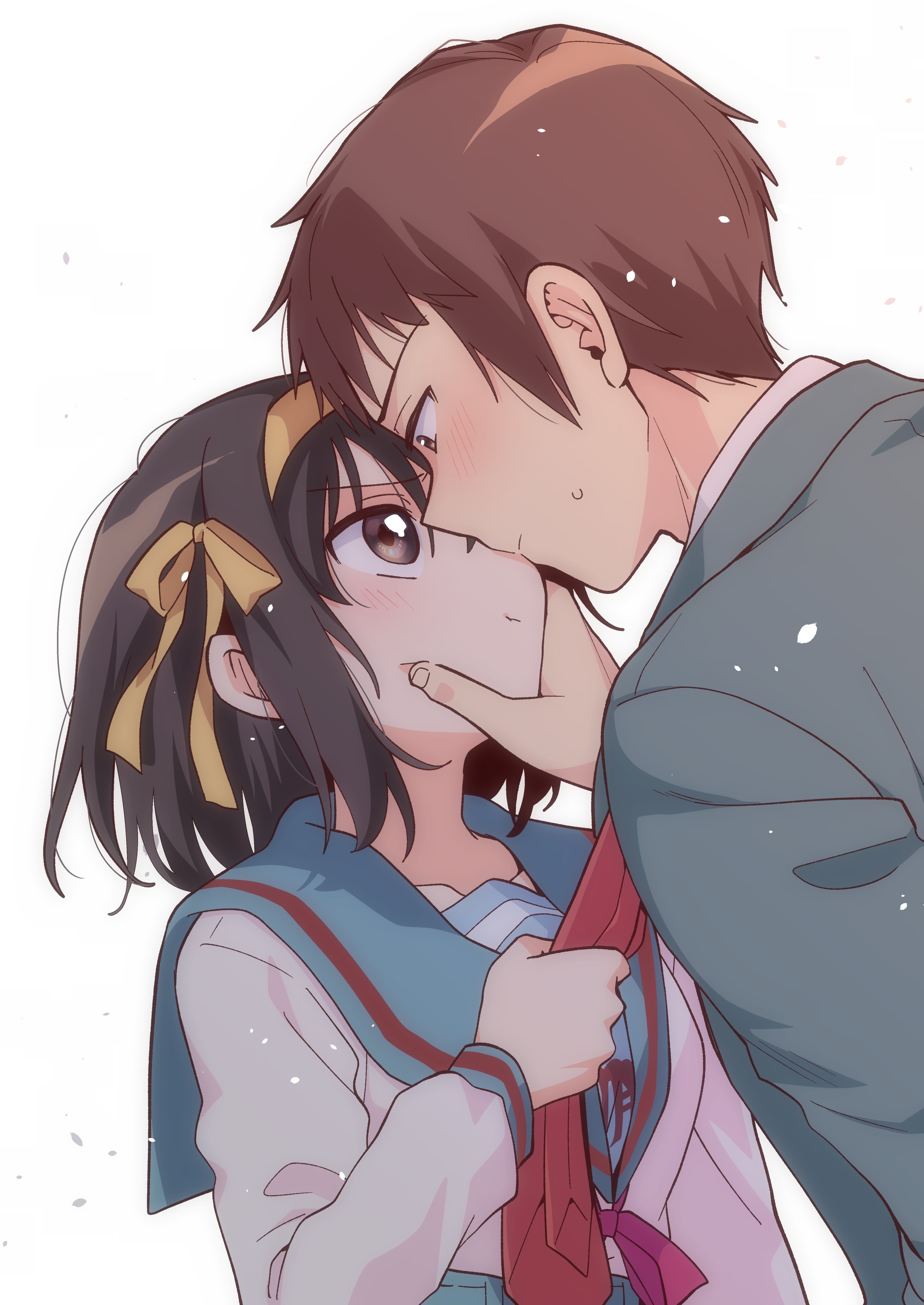 taiki (6240taiki), kyon, suzumiya haruhi, suzumiya haruhi no yuuutsu, absurdres, commentary request, highres, 1boy, 1girl, blue sailor collar, brown eyes, brown hair, clothes grab, hairband, height difference, hetero, kita high school uniform, long sleeves, looking at another, necktie, necktie grab, neckwear grab, red necktie, red ribbon, ribbon, sailor collar, school uniform, serafuku, short hair, simple background, white background, winter uniform, yellow hairband, yellow ribbon